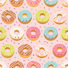 Seamless vector pattern of donuts with colorful sprinkles in pastel tones on pink background, perfect for bakery, sweets, food design, fabric, wrapping paper, and digital backgrounds.