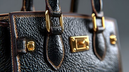 Close-up of a Luxurious Black Leather Handbag with Golden Accents and Detailed Texture