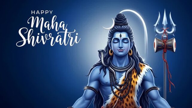 Meditative shiva with trident animation celebrating maha shivratri on deep blue background