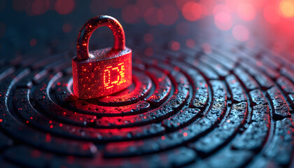 A digital padlock glows atop a fingerprint, representing internet security and data protection.