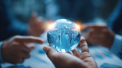 Person holds transparent globe with digital data visualization, surrounded by hands pointing towards it. scene conveys sense of global connectivity and data analysis