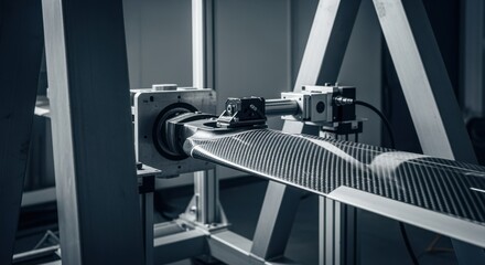 Fatiguetesting rig frame supporting helicopter rotor blade with visible carbon weave pattern under cyclic loading conditions.