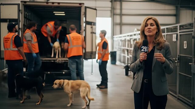 Female Reporter Interviews Volunteers at Dog Rescue Shelter