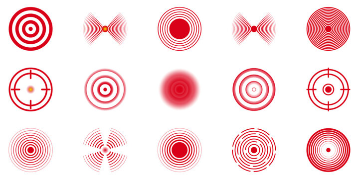 Red Radar Pain Zones and Pressure Target Icon Set. Sensor Pulse Mapping, Injury Focus Rings and Health Detection Spots Symbol Collection. Isolated Vector Illustration