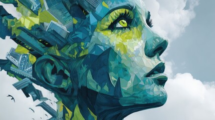 Abstract Polygonal Artwork Merging a Human Face with Urban Architectural Elements, Showing the Symbiosis of Humanity and the City, with a Blue and Green Color Palette and a Skyline Background.