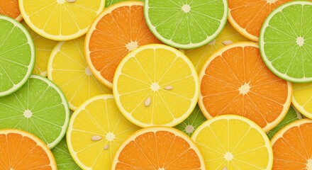 Obraz premium Vivid image showcases overlapping slices of citrus fruits including yellow, orange, and green, creating a colorful and refreshing composition