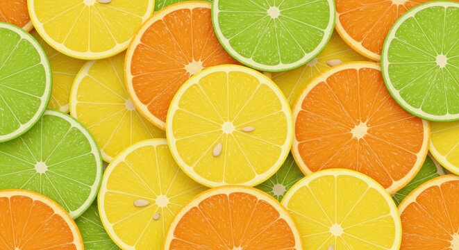 Vivid image showcases overlapping slices of citrus fruits including yellow, orange, and green, creating a colorful and refreshing composition