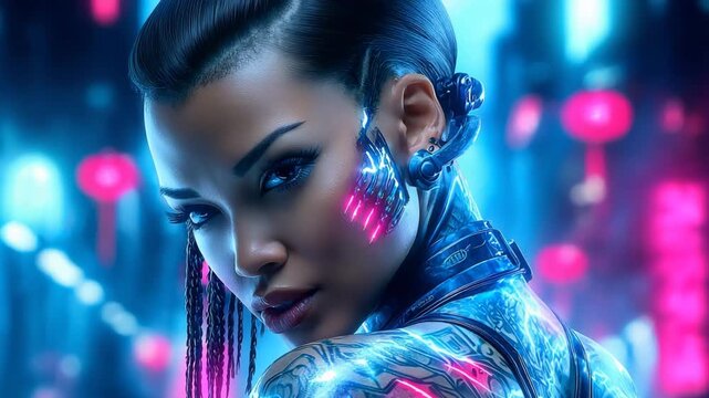 A cyberpunk woman with bionic tattoos turns her head against a night city backdrop.
