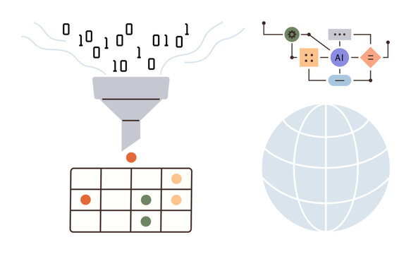 Binary code flows through a funnel into a data grid, accompanied by an AI decision flowchart and a globe icon. Ideal for AI, data flow, tech innovation, global connection, machine learning