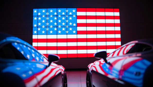 Sports cars with the American flag reflection in the background, a patriotic scene. - Powered by Adobe