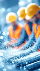 Construction technology workers, construction technology workers with digital blueprint, construction technology workers in innovation