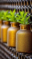 Golden decorative vase, golden decorative vase with green plant, golden decorative vase home decor