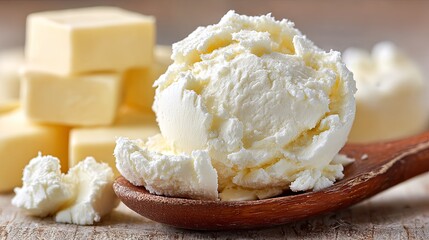fresh ricotta cheese, fresh ricotta cheese in wooden spoon, fresh ricotta cheese for healthy cooking shea butter close-up