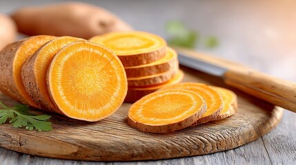 Sliced sweet potato close up vegan ingredients healthy vegetable root crop plant based diet