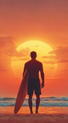 Sunset surfer silhouette, sunset surfer silhouette on beach, sunset surfer silhouette ocean waves