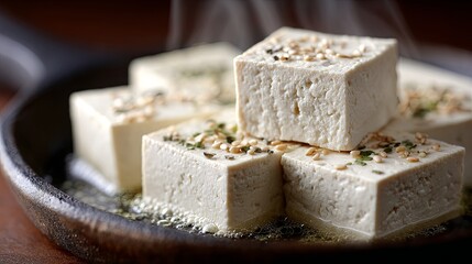 Tofu cubes with sesame seeds, tofu cubes in skillet, tofu cubes with herbs