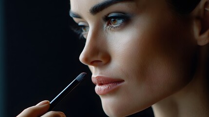 Fototapeta premium Closeup Portrait of a Woman Applying Makeup with a Fine Brush in a Softly Lit Environment