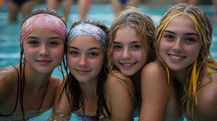Four Teenage Girls Smiling Joyfully in a Swimming Pool
