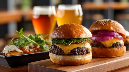 Gourmet Burgers with Cheddar Cheese Toppings and Craft Beer on a Rustic Wooden Table