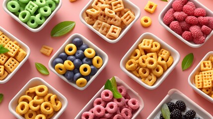 Vibrant Display of Colorful Cereals and Fresh Fruits in Bowls on a Pink Background