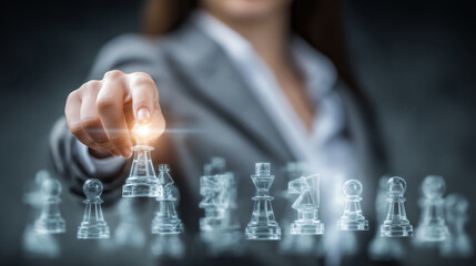 Strategic thinking and leadership are essential in chess, as businesswoman moves transparent chess piece, symbolizing decision making and planning