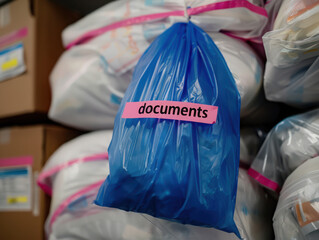 A blue plastic bag labeled documents amidst stacked bags and cardboard boxes in a storage area