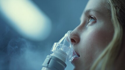 Close medium shot of a patient inhaling genesilencing RNAi aerosol treatment focusing on the inhaler device while the clinical setting behind remains softly out of focus.