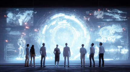 Innovative technology presentation with diverse group of professionals observing futuristic digital interface. atmosphere conveys excitement and collaboration in modern workspace