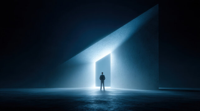 Solitary figure stands before large, illuminated doorway in dark, abstract space. contrast between light and shadow creates sense of mystery and intrigue, inviting exploration and contemplation - Powered by Adobe