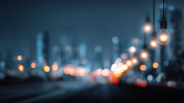 Serene urban night scene featuring glowing light bulbs hanging against blurred cityscape. soft bokeh effect creates dreamy atmosphere, enhancing beauty of illuminated surroundings - Powered by Adobe