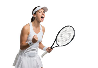 Excited female tennis player celebrating victory isolated on transparent background