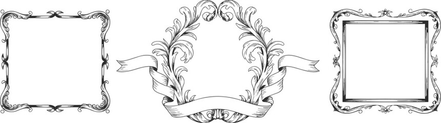 Vintage Ornamental Hand Drawn Frames, Decorative Floral Sketch Borders, Elegant Black and White Vector Design for Label, Banner, and Invitation