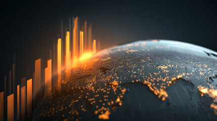 Digital representation of globe with glowing city lights and rising bar graphs, symbolizing global growth and data analysis. warm orange tones create dynamic and futuristic atmosphere