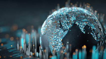 Digital globe with glowing blue and orange data points represents global connectivity and technology. intricate details highlight modern, futuristic design, evoking sense of innovation
