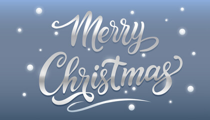 Merry Christmas silver lettering with lights. Merry Christmas text design. Vector holiday calligraphy with festive handwritten lettering. Vector EPS10