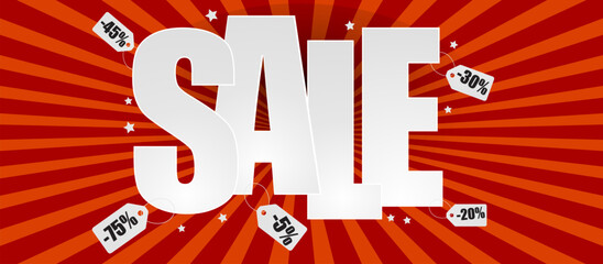 Sale banner promo design with starburst sunburst background. Big white text SALE with discount percentage tags on dotted lines. Vector advertising promo concept.