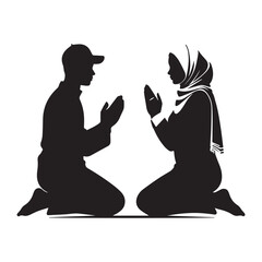 Vector art of muslim man and woman praying together in silhouette, isolated on white background