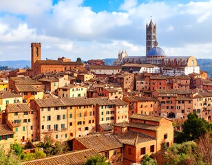 Fototapeta premium Historic Siena cityscape with iconic Duomo and medieval towers under a blue sky.