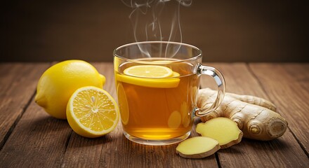 Steaming Herbal Tea with Lemon and Ginger on Rustic Wooden Table