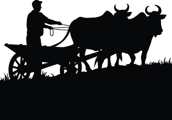 Fototapeta premium Working the land: a rustic vector of a farmer and his oxen pulling a cart.