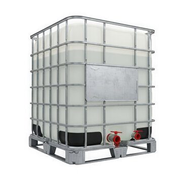 Industrial ibc tote tank with cage and valve isolated on transparent background