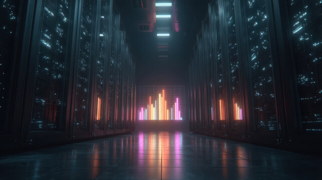 Futuristic data center with rows of servers illuminated by colorful lights, showcasing vibrant data visualization in center. atmosphere conveys sense of advanced technology and innovation