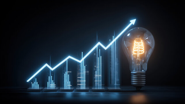 Glowing light bulb symbolizes innovation and creativity, alongside rising graph representing growth and success. This captures essence of progress and bright ideas in modern business context