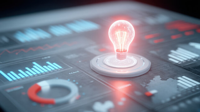 Glowing light bulb symbolizes innovation and ideas, placed on digital interface filled with graphs and data visualizations, representing technology and analytics