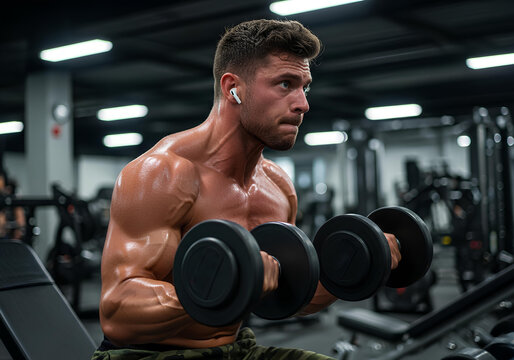 Muscular man doing dumbbell bicep curl workout in the gym, strong bodybuilder on a fitness weightlifting workout, intense strength training for powerful arms with dumbbells.