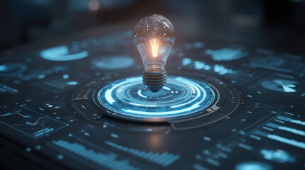 Glowing light bulb hovers above futuristic digital interface, surrounded by glowing graphs and data visualizations, symbolizing innovation and technology