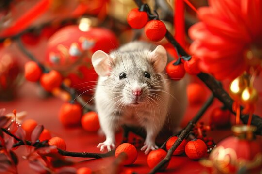 Adorable gray rat surrounded by red decorations, celebrating the chinese new year - Powered by Adobe