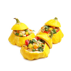 Tasty stuffed pattypan squashes isolated on white
