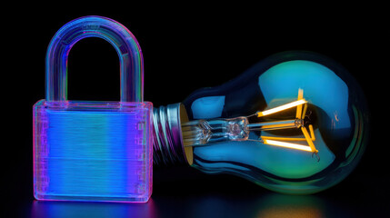 Colorful padlock next to glowing light bulb symbolizes security and innovation. vibrant hues create striking contrast, evoking sense of creativity and protection