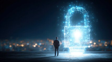 Person stands in front of glowing digital padlock symbol, representing cybersecurity and data protection. background features blurred cityscape at night, enhancing futuristic atmosphere